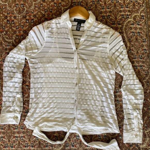 INC Shadow Stripe White Rhinestone Buttons Top w/ Spaghetti Shirt Underneath P/S - Picture 1 of 9